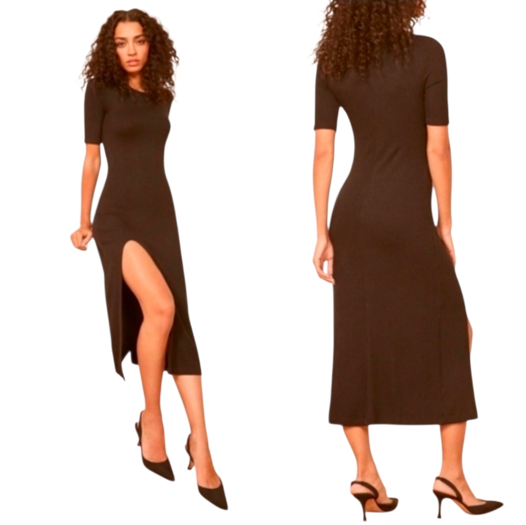 Reformation Black Slit Ribbed Knit Midi Dress Strechy Small